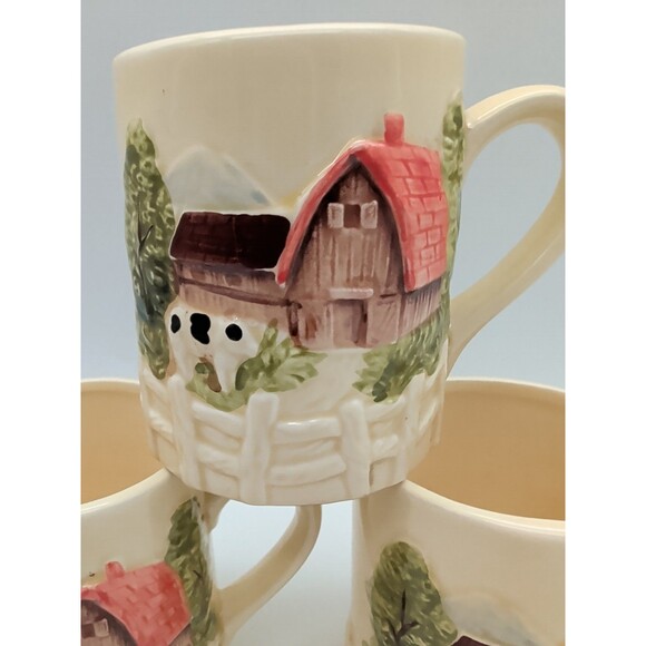 Vintage Marks Rosenfeld Cottage Core Coffee Cups 3D Farmhouse Barn 3 1/2" Tall - Picture 2 of 8